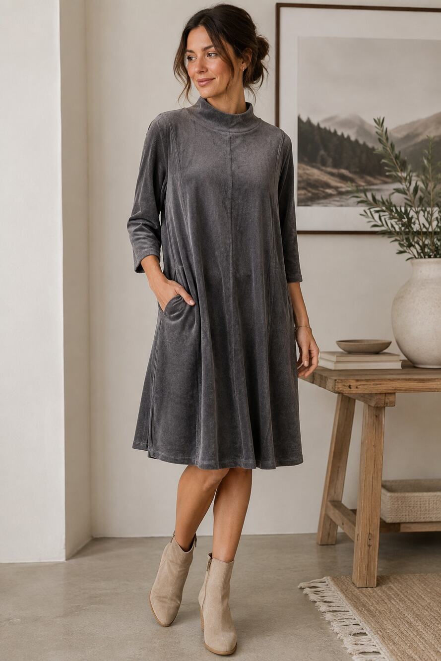 Pure Jill M Gray Velour Ribbed Mock Neck Swing Dress NWT Soft Midi Pockets